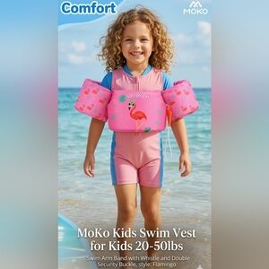 🍎 New MoKo Kids Swim Vest Kids 20-50lbs Swim Arm Band Whistle Float Flamingo